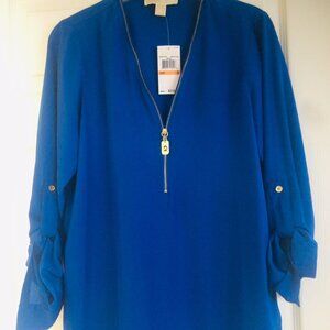 NWT Michael Kors Stylish Zipper Neckline Blouse, Adjustable Sleeve, Blue, Size S
